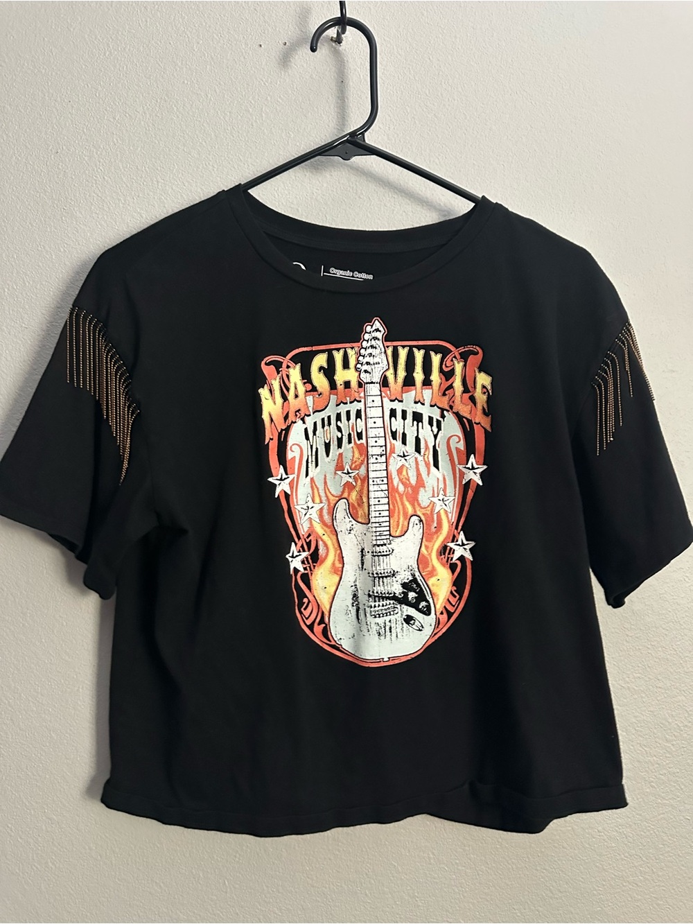 Black Nashville Graphic Fringe Crop Tee - Women's